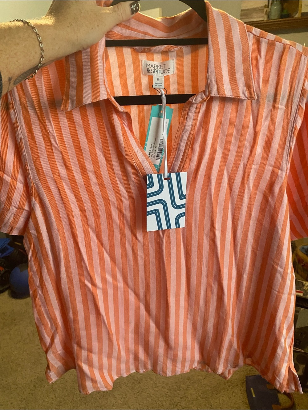 Market & Spruce Coral and Pink Striped Short-Sleeve Button Down Shirt